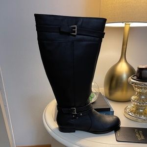 New in box woman within wide calf knee high boots in black faux leather